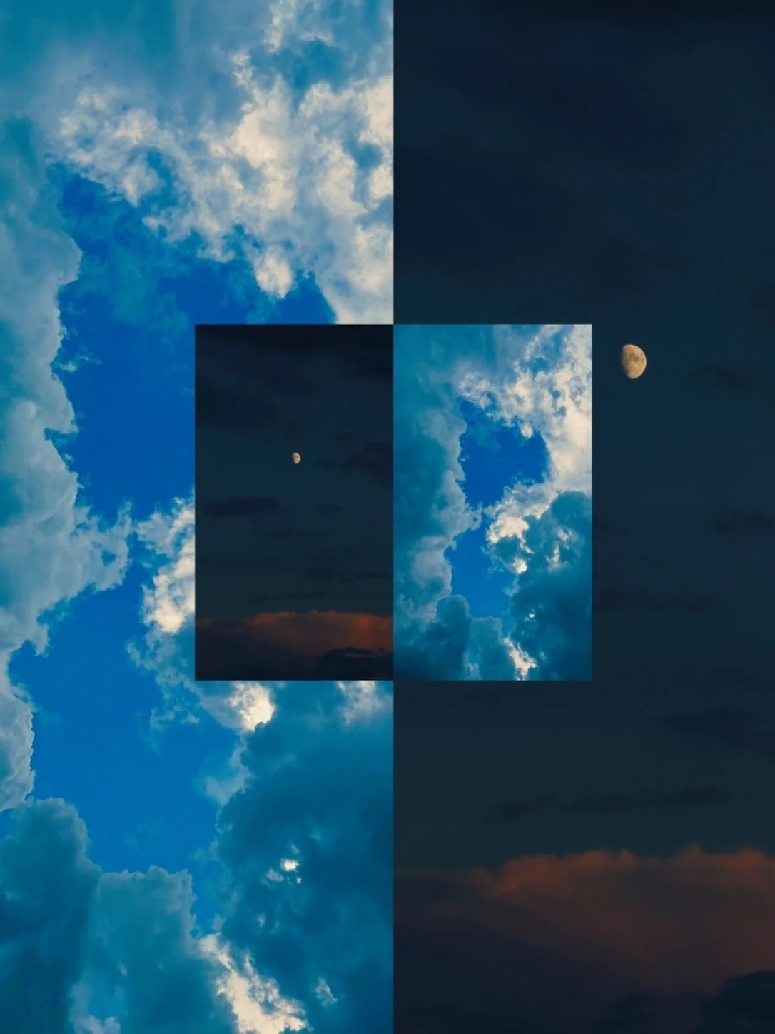 Dag- en nachthemel naast elkaar, met de maan tussen de wolken