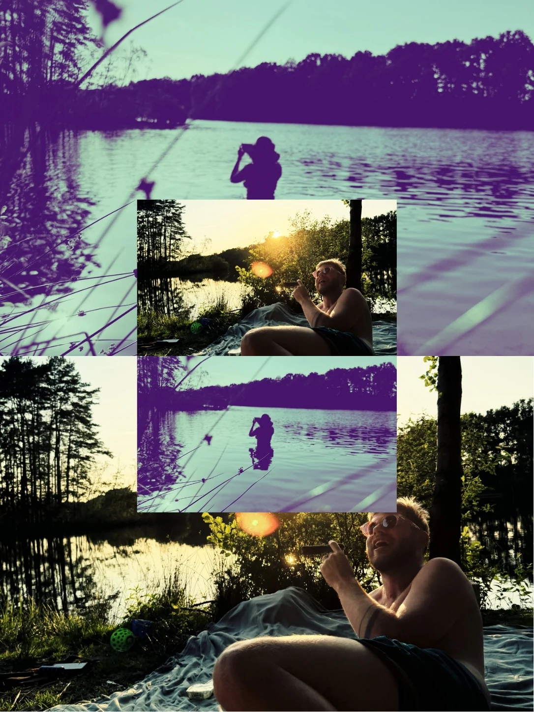 Collage aan het water bij zonsondergang, in duotoon