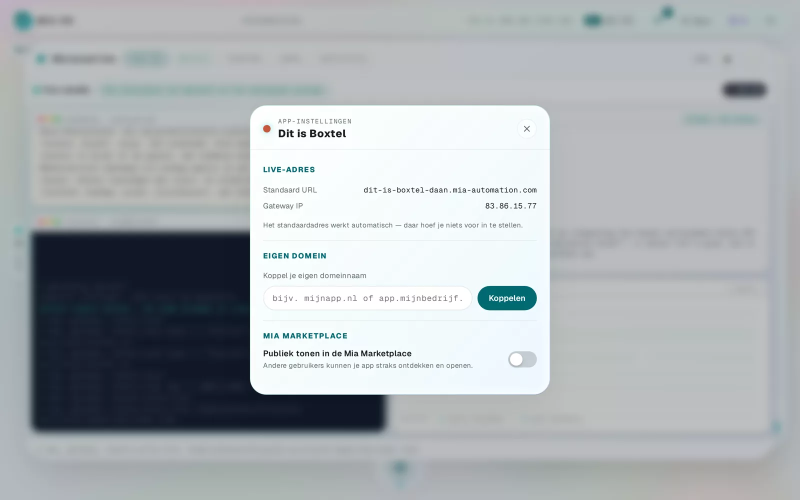 App-instellingen met live-adres, eigen domein en marketplace
