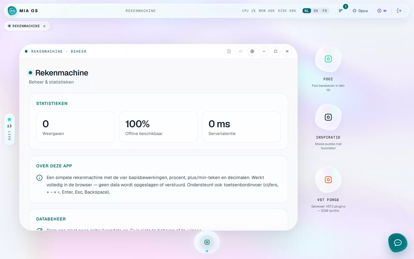 Een geopend app-venster met de beheerpagina