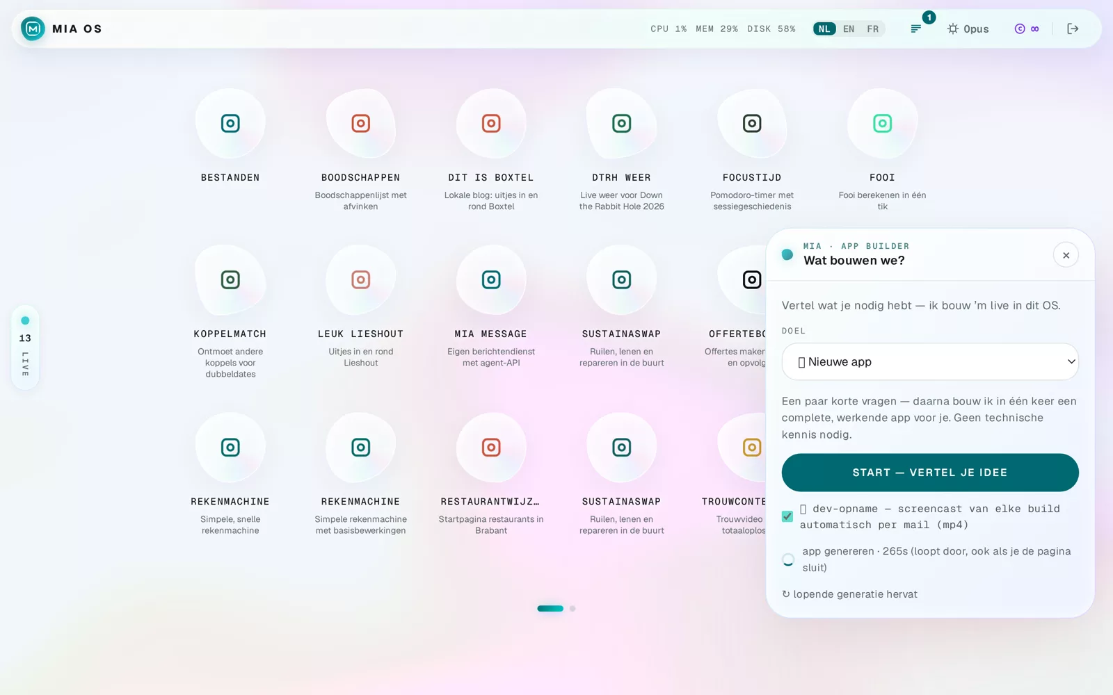 De app-builder: beschrijf je idee en klik op start