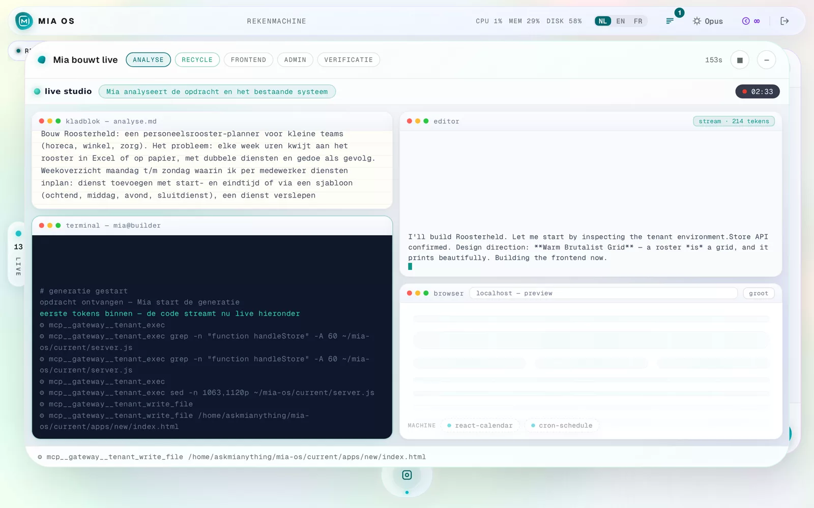 De live studio: kladblok, editor, terminal en voorvertoning