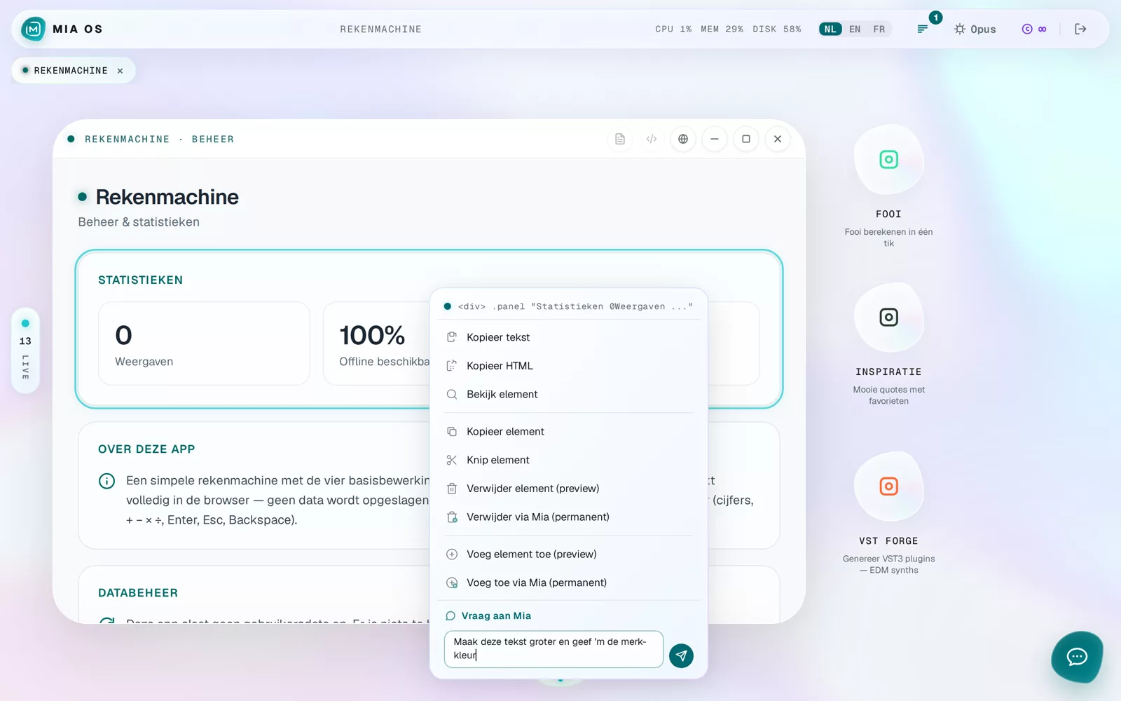 Het smart menu na een rechtermuisklik op een element